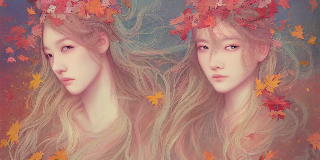 Prompt: breathtaking detailed concept art painting pattern pastel colors of blonde hair faces goddesses amalgamation autumn leaves, by hsiao - ron cheng, bizarre compositions, exquisite detail, 8 k