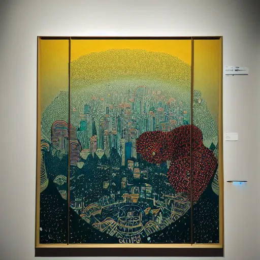Prompt: photography, art exhibition of painting by Victo Ngai, photography by Leonardo Espina
