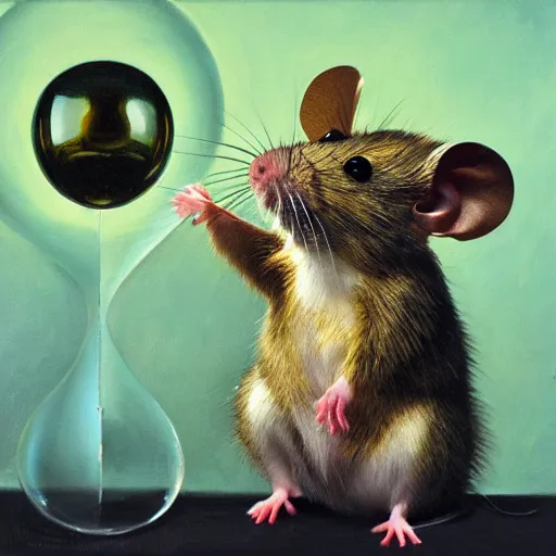 Prompt: armored mouse reaches for floating crystal, famous oil painting, award winning, 8k scan