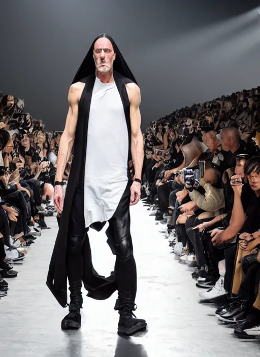 Image similar to hyperrealistic and heavy detailed rick owens runway show of batman, leica sl 2 5 0 mm, vivid color, high quality, high textured, real life