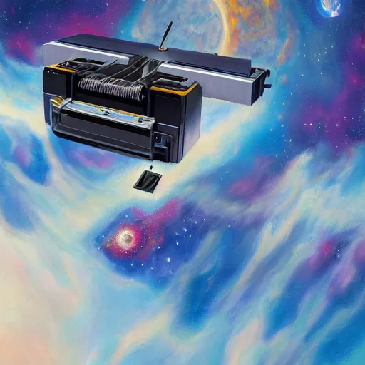 Image similar to oil painting of a printer floating in space printing out a long sheet of paper covered with writing, trending on artstation