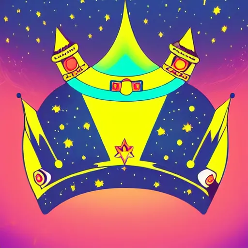 Prompt: a glowing crown sitting on a table with one beautiful eye mounted on it like a jewel, stars on top of the crown, night time, vast cosmos, geometric light rays, bold black lines, flat colors, minimal psychedelic 1 9 9 0 s magazine illustration