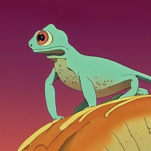 Image similar to a chameleon atop a hot dog, Makoto Shinkai, Studio Ghibli