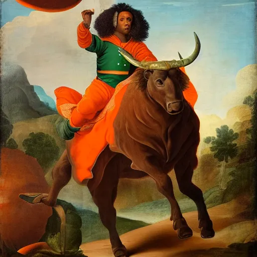 Image similar to photograph of a black man with afro hair wearing an army green adidas jacket riding an orange colored bull!!, renaissance style painting