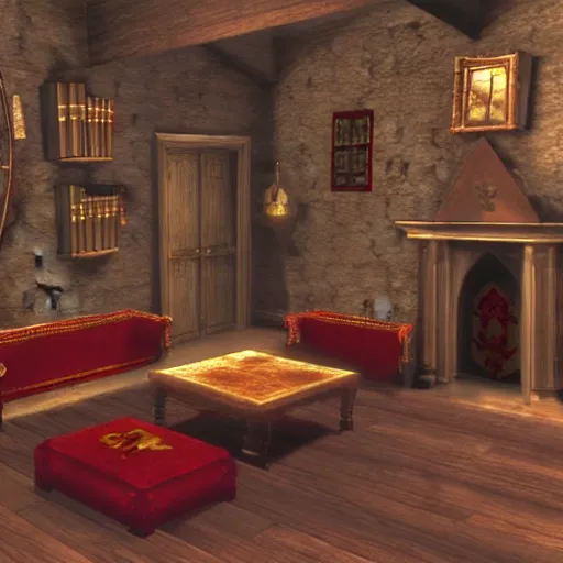 Image similar to Harry Potter in Gryffindor's common room, Playstation 2 screenshot, 3D Render