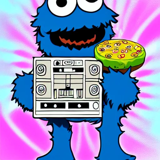 Prompt: cookie monster as a DJ, digital art, HD, anime