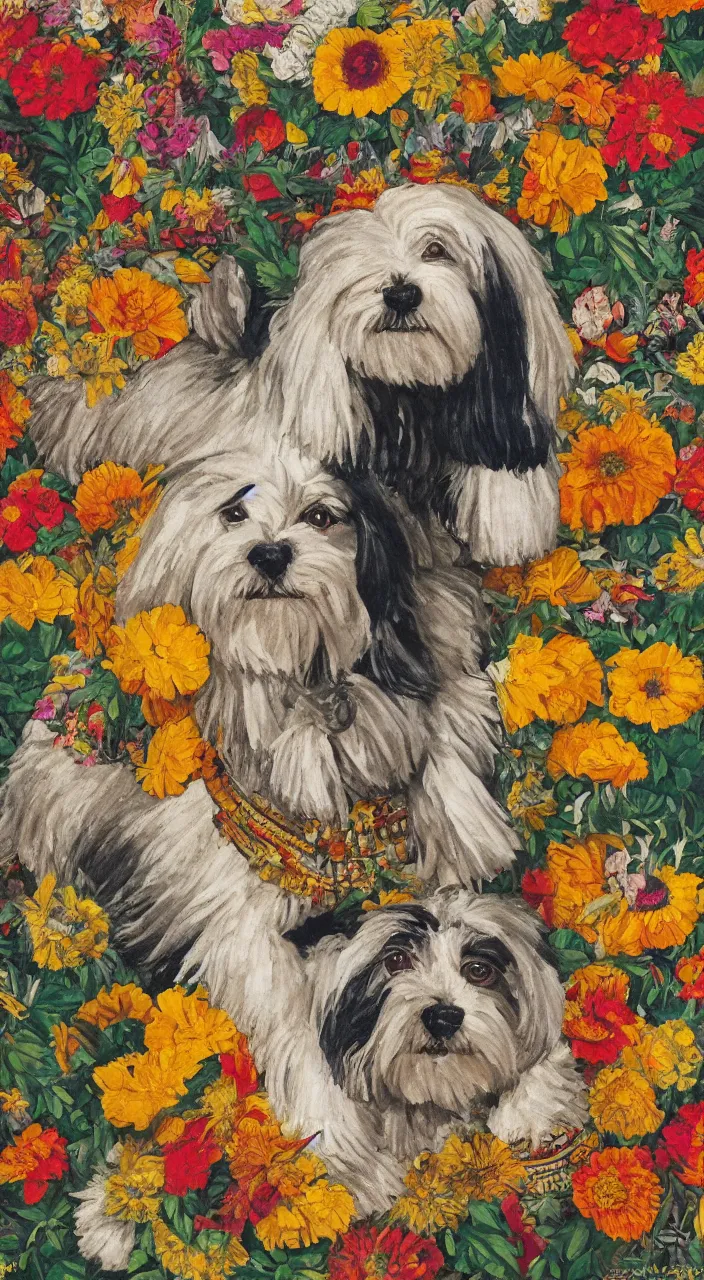 Prompt: portrait of a cream colored havanese dog dressed as an aztec warrior, aztec temple, jungle, with a bouquet of marigolds, mexico, mural by diego rivera realism aztec modernism 1 9 3 5