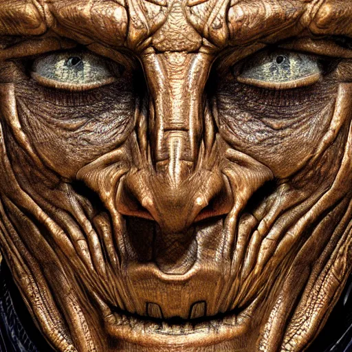 Image similar to humanoid reptilian priest, bronze age, portrait, high quality, symmetrical, hd photorealistic by alex ross