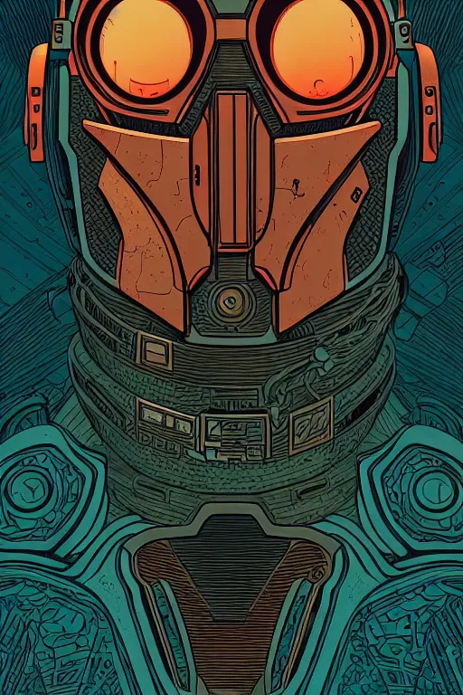 Image similar to closeup potrait of the mandalorian, intricate, volumetric lighting, moebius, geof darrow, frank miller, dan mumford, detailed illustration, digital art, victo ngai, kilian eng, vector art