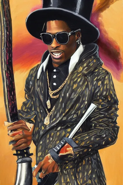 Prompt: travis scott with sunglasses and a top hat holding a katana, painting, beautiful, thick lines