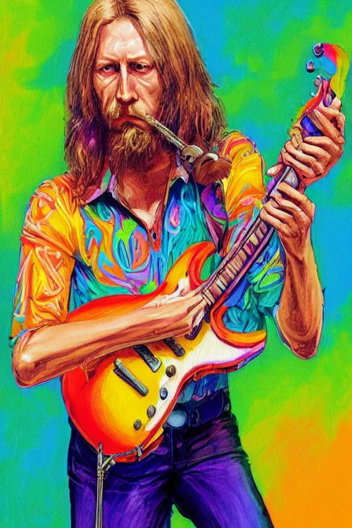 Prompt: a professional painting of Duane Allman, in brightly colored psychedelic shirt, playing a guitar, long hair, beautiful bone structure, symmetrical facial features, intricate, elegant, digital painting, concept art, smooth, sharp focus, illustration, from StarCraft by Ruan Jia and Mandy Jurgens and Artgerm and William-Adolphe Bouguerea, epic, stunning, gorgeous, intricate detail, much wow, ultra realistic, photorealism, 4K, masterpiece, trending on artstation