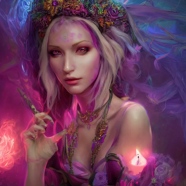 Prompt: the portrait of chaotic evil fallen sensual colorful female necromancer overlord as absurdly beautiful, gorgeous, elegant, young idol, an ultrafine hyperdetailed illustration by irakli nadar, detailed faces, intricate linework, octopath traveler, final fantasy, unreal engine 5 highly rendered, global illumination, radiant light, highly detailed and intricate environment