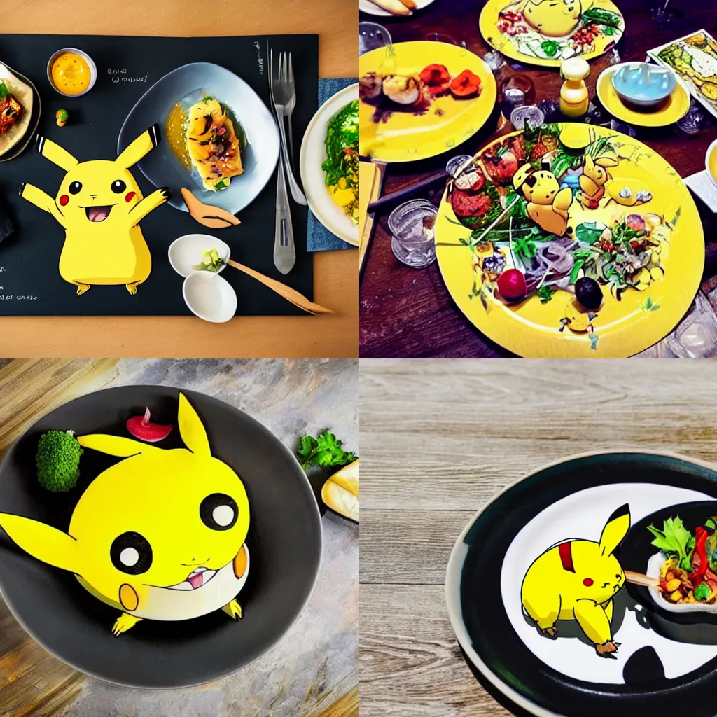 Prompt: a shot of a beautiful delicious plate of food, a hand crafted chef artisan meal made of pikachu, amazing food illustration, chef table, in style of studio ghibli, miyazaki, anime