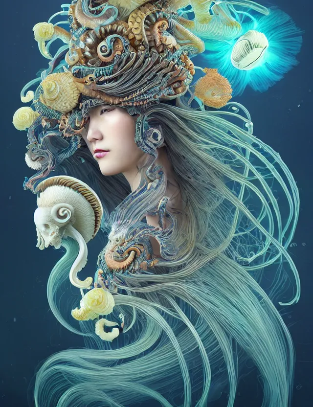 Image similar to 3 d goddess nautilus half - turn portrait with long hair with ram skull. beautiful intricately detailed japanese crow kitsune mask and clasical japanese kimono. betta fish, jellyfish phoenix, bio luminescent, plasma, ice, water, wind, creature, artwork by tooth wu and wlop and beeple and greg rutkowski