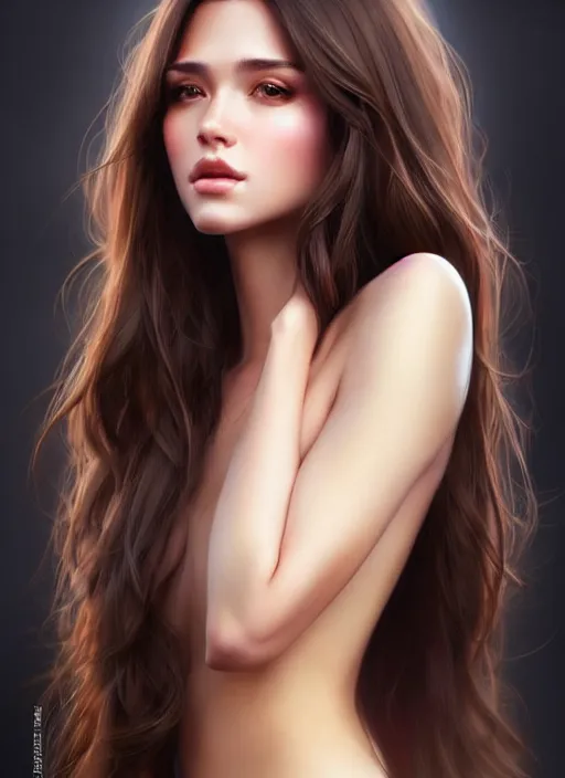 Image similar to a gorgeous female with long brown hair in the style of stefan kostic, realistic, full body shot, wide angle, sharp focus, 8 k high definition, insanely detailed, intricate, elegant, art by stanley lau and artgerm, floating embers