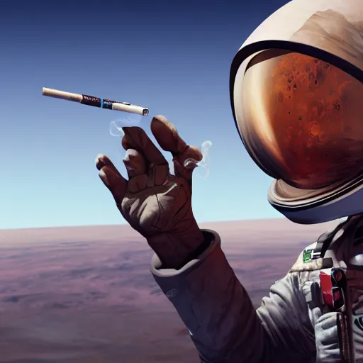 Image similar to redneck astronaut smoking a cigarette on mars detailed, cinematic photo, artstation