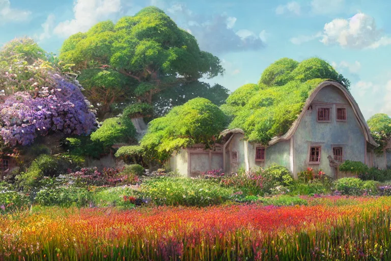 Image similar to a painting of a house in a field of flowers, a matte painting by studio ghibli, cgsociety, magical realism, matte painting, unreal engine 5