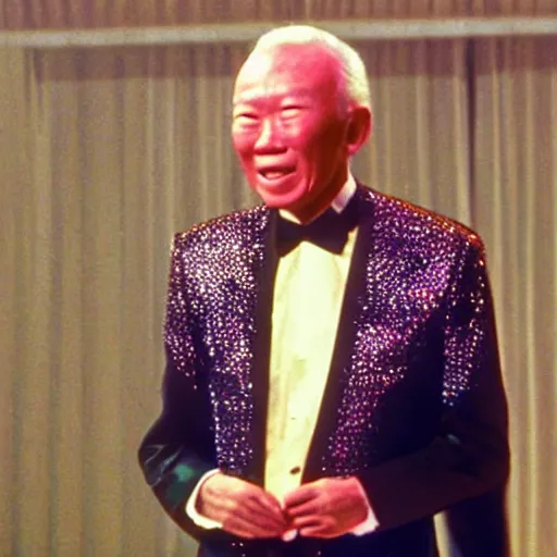 Prompt: A still of Lee Kuan Yew wearing a disco suit in Saturday Night Fever