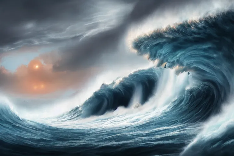 Prompt: cat peeking out from behind a giant tsunami wave, digital painting, epic composition, highly detailed, 8 k