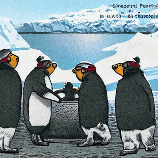 Image similar to UK postcard illustration of scientists in Antarctica