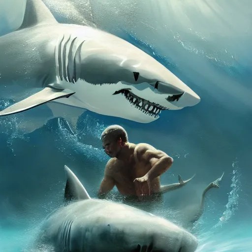 Prompt: a dream fantasy painting of ( white shark ) and a man, in the deep, by antonio j. manzanedo, trending on artstation, deviantart, photorealism