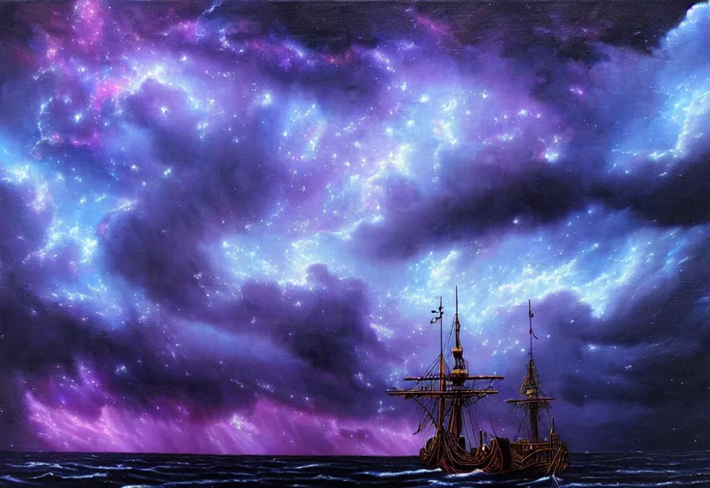 Image similar to purple color lighting storm with stormy sea close up of a pirate ship firing its cannons trippy nebula sky with dramatic clouds painting by banksy Photorealism