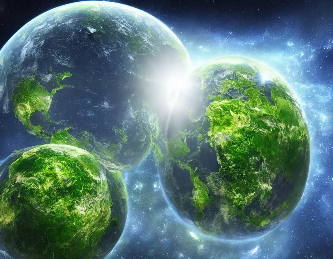 Image similar to hyper realistic 3 d rendering of little green planet in the outer space, hd, hdr, ultra detailed, high resolution