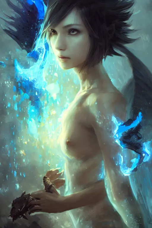 Image similar to a fancy portrait of an attractive blue dragon women by Greg Rutkowski, Sung Choi, Mitchell Mohrhauser, Maciej Kuciara, Johnson Ting, Maxim Verehin, Peter Konig, final fantasy , mythical, 8k photorealistic, cinematic lighting, HD, high details, atmospheric,