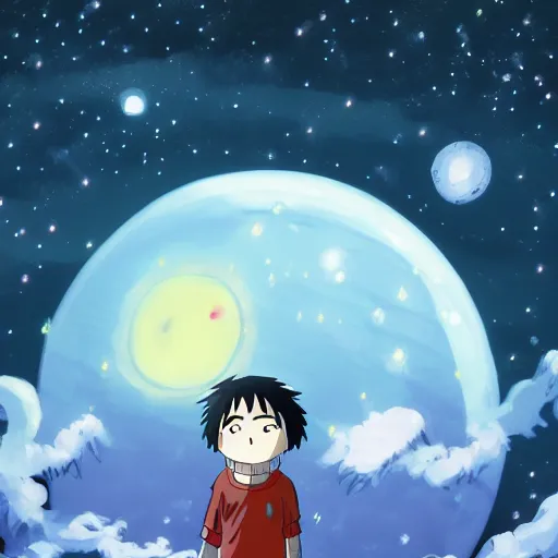 Image similar to friendly creature made by Hayao Miyazaki, studio ghibli artstyle, night, stars, beautiful scene, smooth, detailed, high detail,high quality, 8k anime