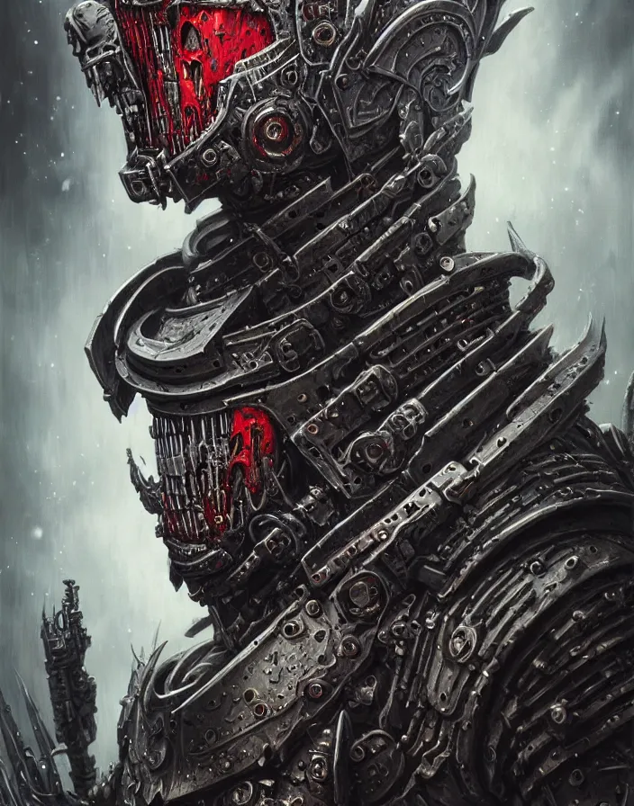 Image similar to art portrait of an undead space marine vampire king, intricate detailed armour ,8k,by tristan eaton,Stanley Artgermm,Tom Bagshaw,Greg Rutkowski,Carne Griffiths, Ayami Kojima, Beksinski, Giger,trending on DeviantArt,face enhance,hyper detailed,minimalist,cybernetic, android, blade runner,full of colour,