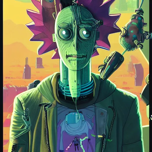 Image similar to pickle rick sanchez cyberpunk portrait by gaston bussierre and charles vess and james jean and erik jones and rhads, inspired by ghost in the shell, beautiful fine face features, intricate high details, sharp, ultradetailed