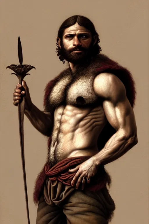 Image similar to renaissance full body portrait of a gruff ranger, handsome face, lean and toned, hairy chest and hairy body, D&D, intricate, elegant, highly detailed, digital painting, artstation, concept art, matte, sharp focus, chiaroscuro, well list, sharp detail, illustration, art by Da Vinci, Artgerm and Greg Rutkowski and Alphonse Mucha