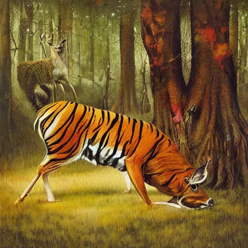 Image similar to a painting of deer and tiger facing each other, their heads bowed towards ground by esao andrews