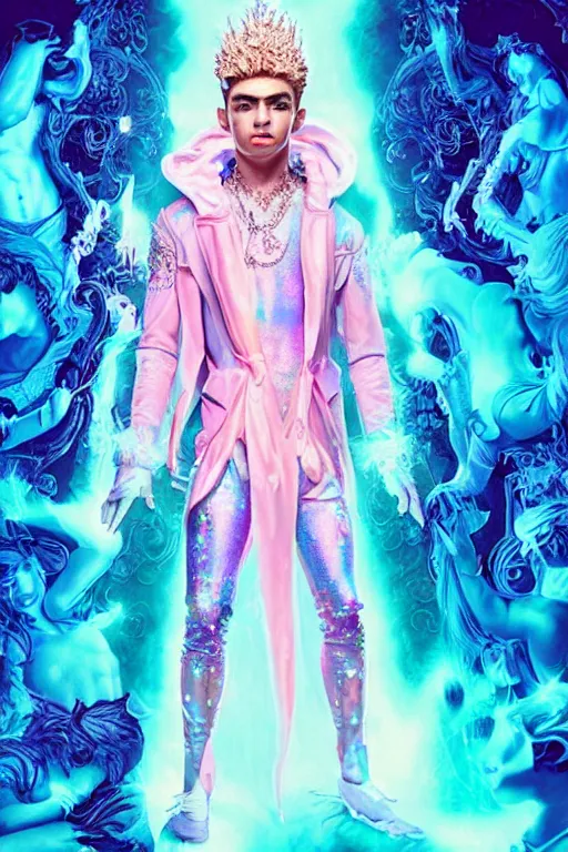 Image similar to full-body rococo and cyberpunk delicate neon crystalline sculpture of ((young muscular onyx albino prince Zayn Malik)) as an blue iridescent humanoid deity wearing ((peach plastic hooded cloak)) (holding a human skull) in a onyx castle dungeon, reclining, glowing pink face, crown of (pink lasers), large blue diamonds, swirling black silk fabric. futuristic elements. oozing glowing liquid, full-length view. space robots. intricate artwork by caravaggio. Trending on artstation, octane render, cinematic lighting from the right, hyper realism, octane render, 8k, depth of field, 3D