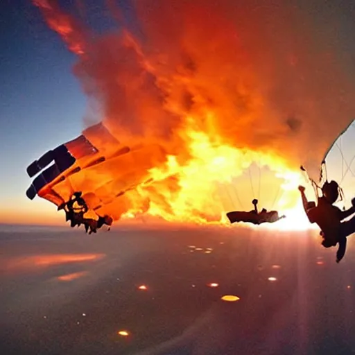 Prompt: People skydiving out of an open airplane door into flames