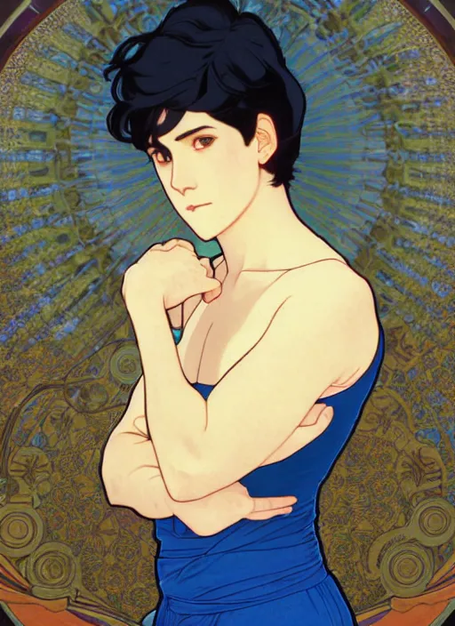 Image similar to handsome young man with short black hair, male, dressed in blue, looking down, half body shot, arms down, path traced, highly detailed, high quality, digital painting, by studio ghibli and alphonse mucha, hidari, art nouveau