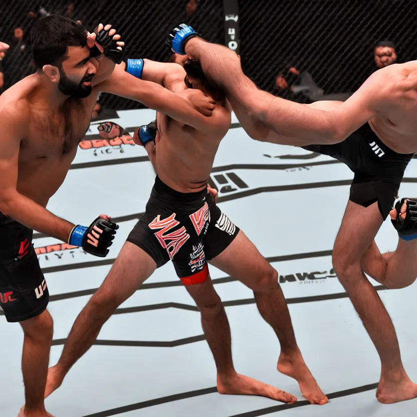 Image similar to ufc fight between rohit sharma & virat hohli in octagon, ultra realistic, highly detailed, zoomed out, canon 3 5 mm photography