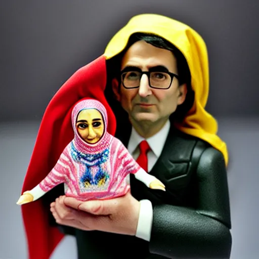 Prompt: portrait of a babushka with pet miniature john oliver action figure