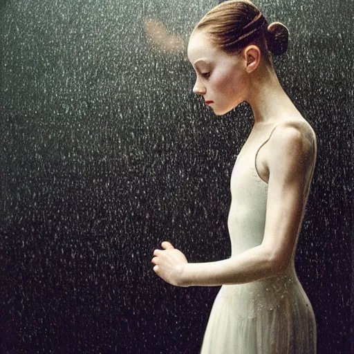 Image similar to portrait of a ballerina with a beautiful porcelain face, rain, cinematic light and reflections, beautiful dreamy lighting, photographed by annie leibovitz,