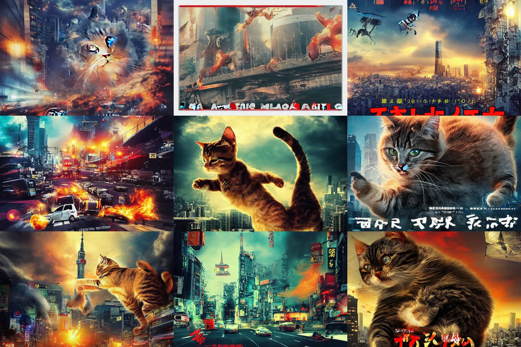 Image similar to “cat attacking Tokyo, disaster movie poster, cgstudio”