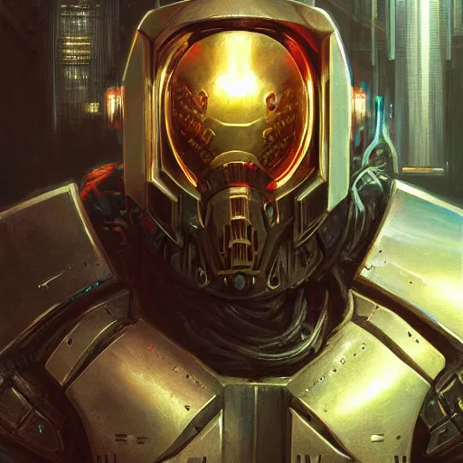 Prompt: the doomslayer as a scifi cyberpunk knight, closeup portrait art by donato giancola and greg rutkowski, realistic face, digital art, trending on artstation, skull helmet, symmetry!!!