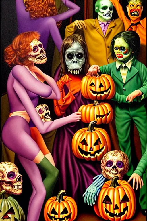 Image similar to a hyperrealistic painting of a vintage halloween costume party, cinematic horror by chris cunningham, lisa frank, richard corben, highly detailed, vivid color,