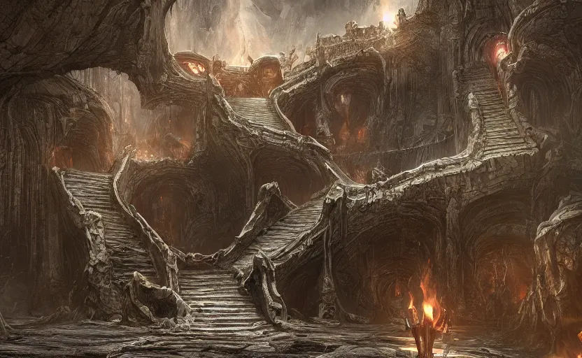 Prompt: an infinitely long wretched winding crooked staircase leading down into the depths of hell, trending on artstation, doom eternal, dark souls