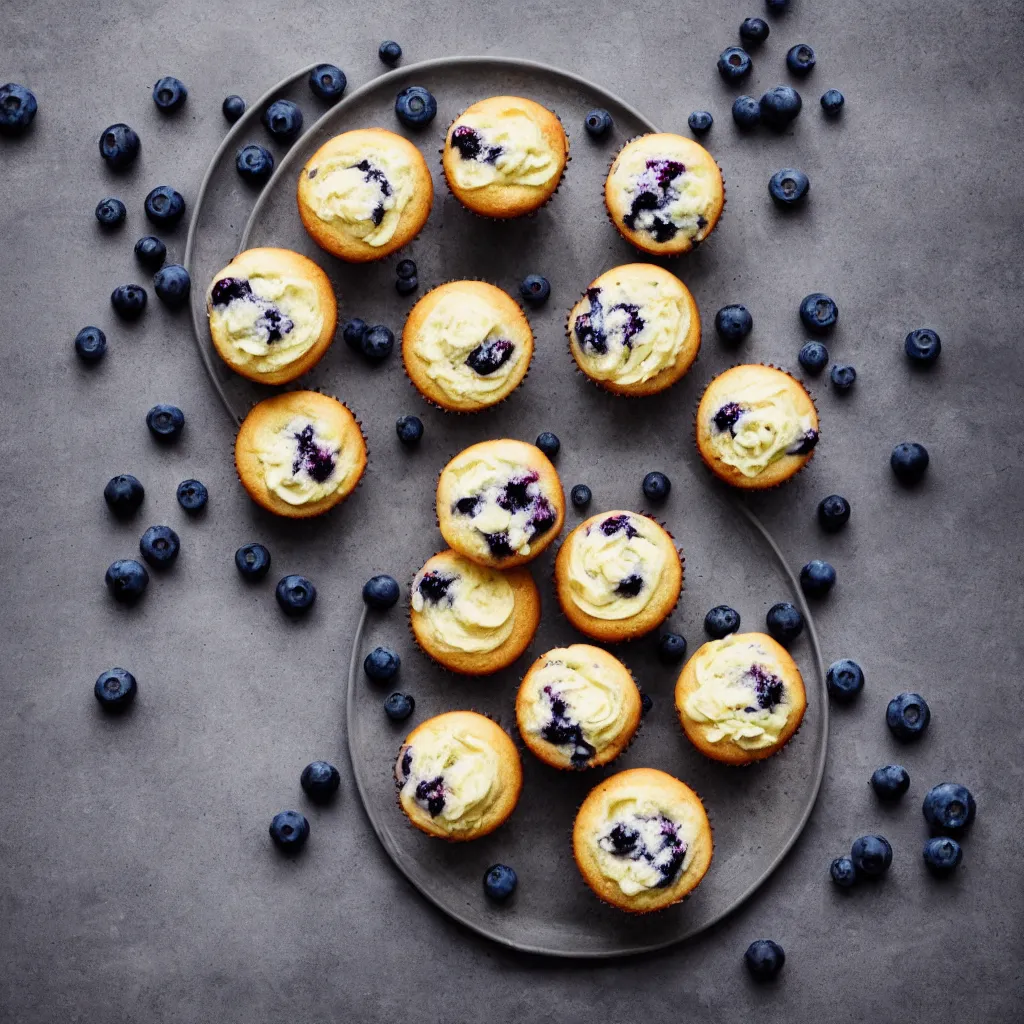 Prompt: a plate with blueberry cupcakes, dynamic lighting, bokeh, hyper realistic, award winning food photography