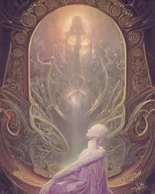 Prompt: a beautiful detailed ornate, ornamentation, elegant, beautifully soft lit, by wayne barlowe, peter mohrbacher, kelly mckernan, m