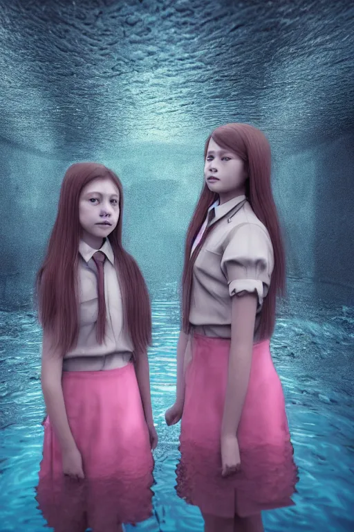 Image similar to 3d realistic dramatic infrared photo of two schoolgirls sisters with a realistic face standing in a dark subway station under water in Japan. Close-up portrait. There are pink palm trees and translucent glow jellyfish flying around. Volumetric composition. Pastel colors in the style of Hiro Kiyohara, redshift, octane, trend artstation, cinematic, hyper realism, high detail, 8k