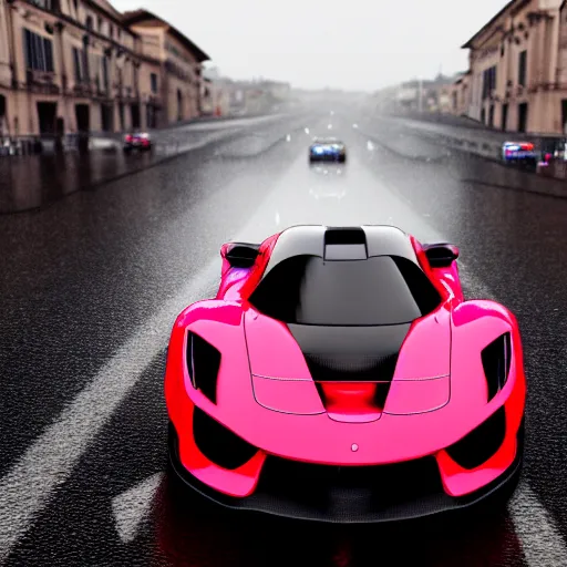 Image similar to A highly detailed, realistic photo of a neon hypercar in Rome in the rain, 8k resolution, trending on artstation