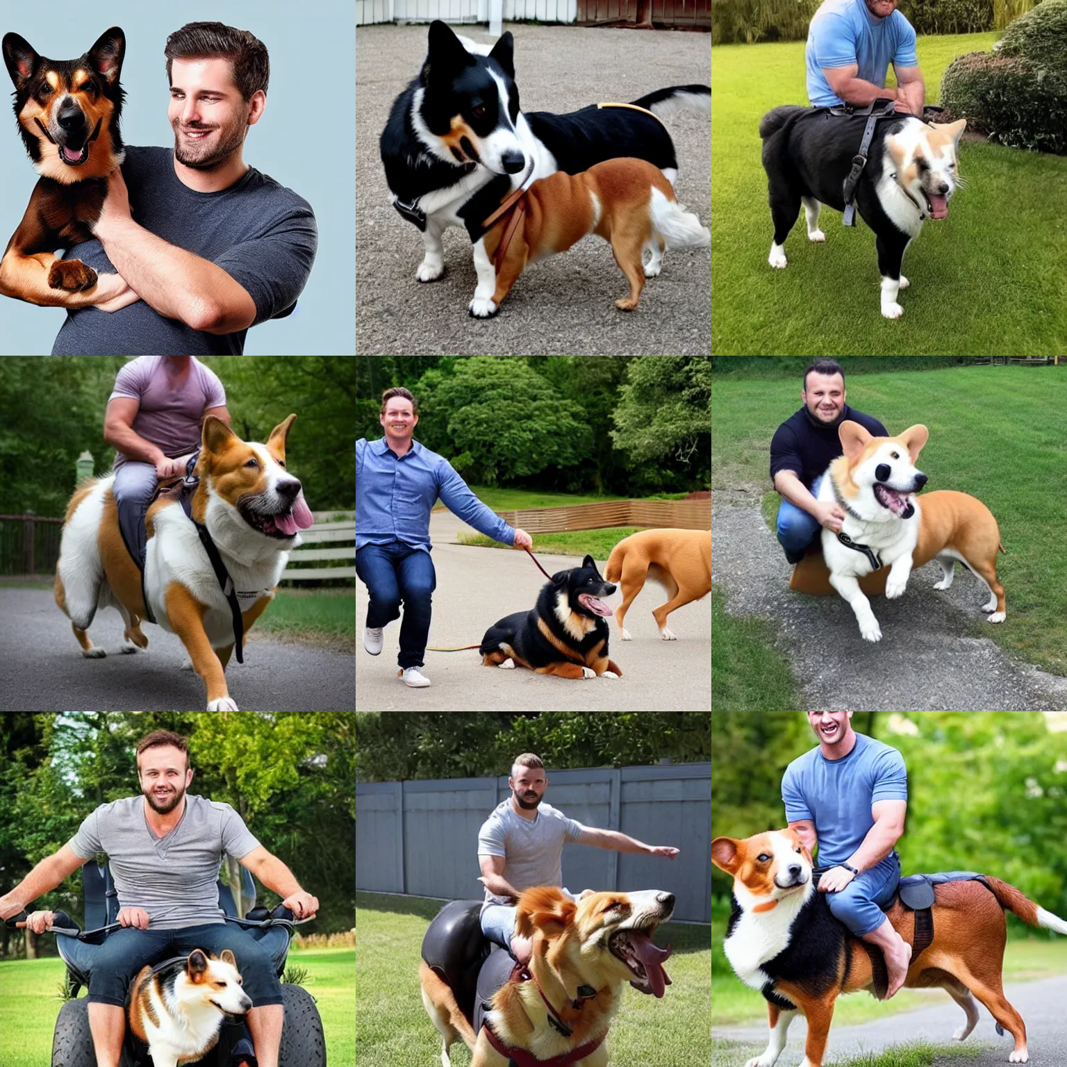 Prompt: strong handsome man riding on a corgy dog