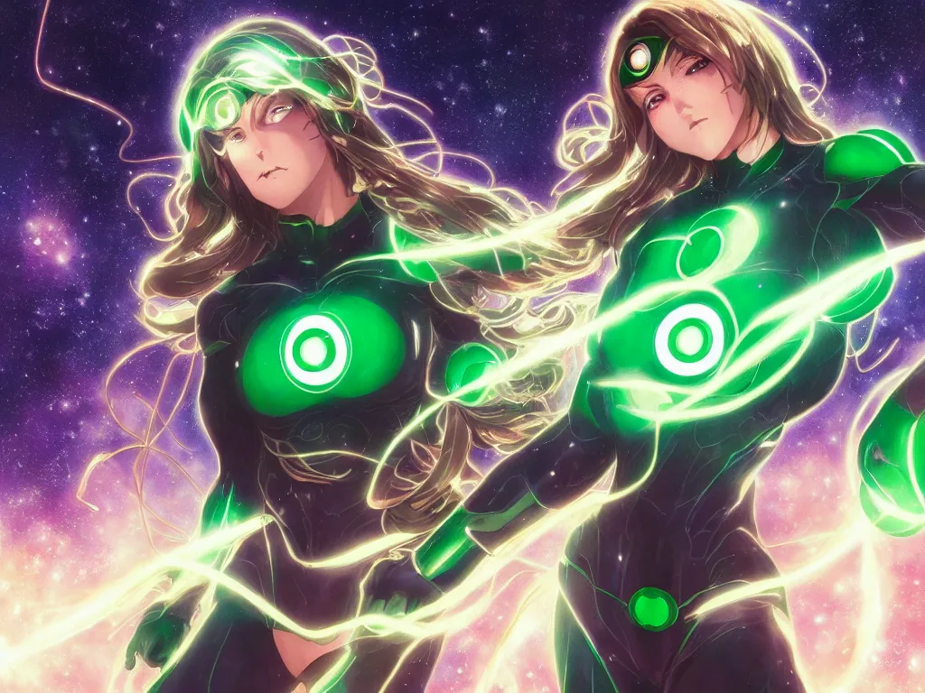 Image similar to anime key visual of one beautiful female green lantern, dc comics, power, hope, glowing, intricate, in space, stunning, highly detailed, digital painting, artstation, smooth, hard focus, illustration, art by artgerm and greg rutkowski and alphonse mucha