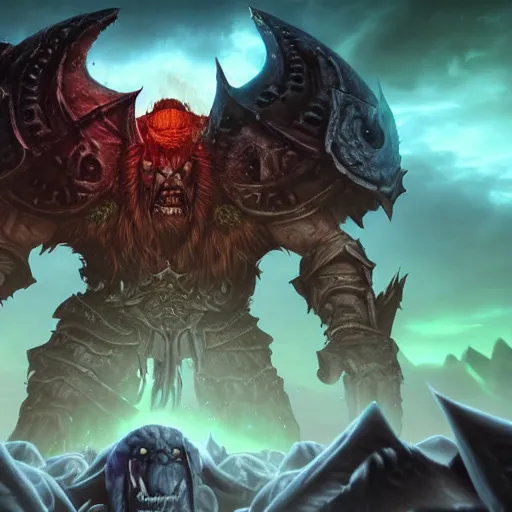 Image similar to epic world of warcraft orc warrior chief thrall standing in front of a gigantic throne made of dark ice with a dark sky above made of a dark hurricane spiral, extremely detailed, wow, cinematic